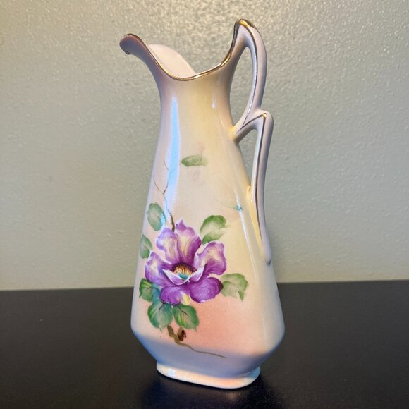 Vintage UCAGCO CHINA Hand Painted Japan Pitcher Vase Purple Flower ~ Gold Edging - Picture 10 of 14